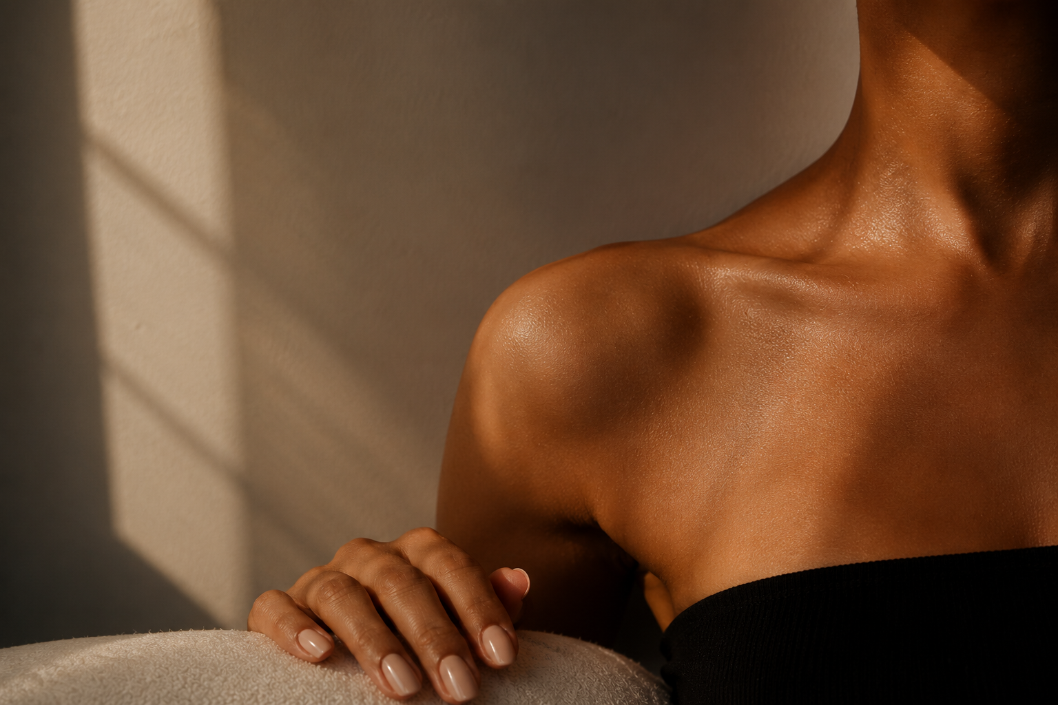Warm editorial beauty detail showing glowing skin and a manicured hand